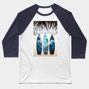 Surf boards with painted ocean waves on the beach with trees Baseball T-Shirt